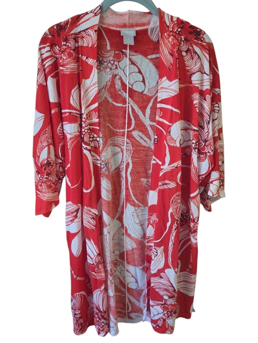 CHICO'S | Floral Open‎ Front Cardigan Duster Lightweight Red White Sweater | L